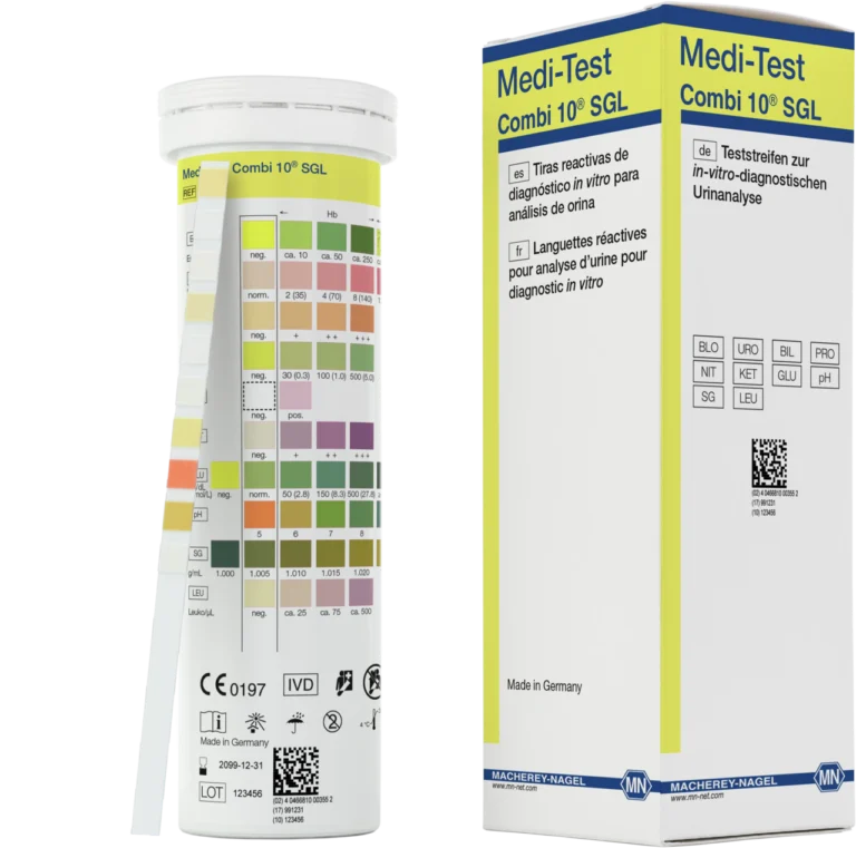 Medi-Test Combi 10 SGL من MACHEREY-NAGEL — العبوة الرسمية وعلبة الشرائط