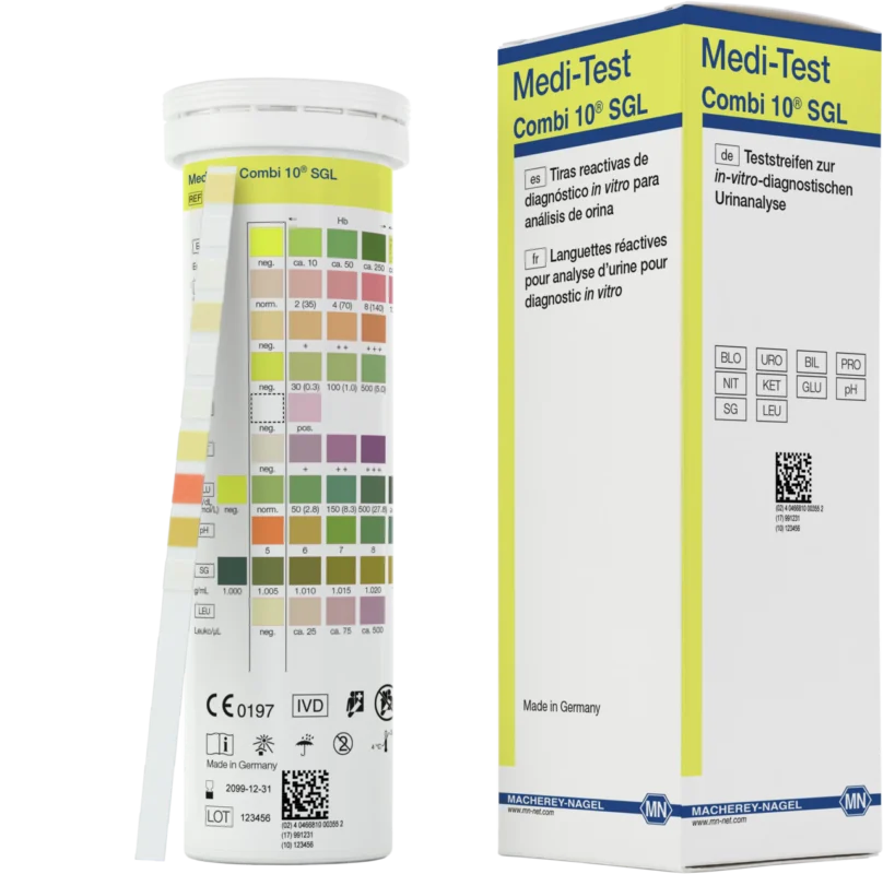 Medi-Test Combi 10 SGL من MACHEREY-NAGEL — العبوة الرسمية وعلبة الشرائط