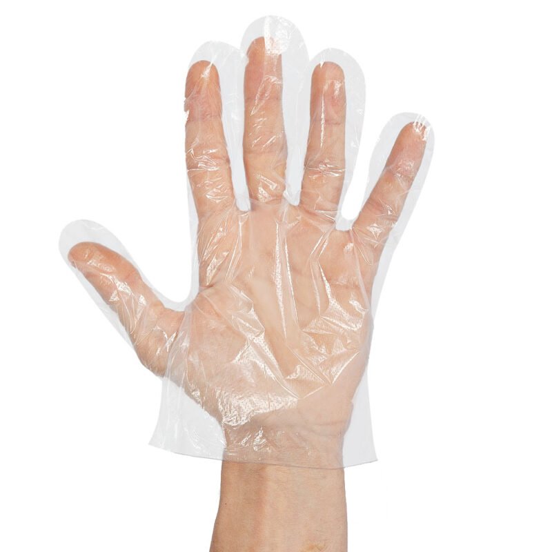 صورة فوتوغرافية مرجعية لقفاز PE شفاف على اليد | Reference photograph of a clear PE glove on a hand