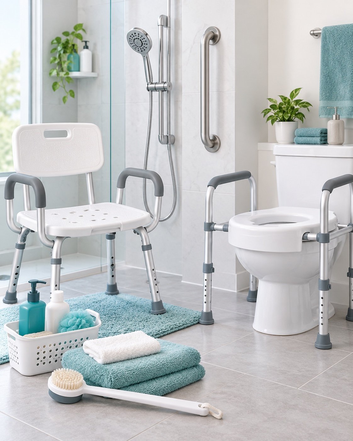 Accessible bathroom with shower chair and toilet support rails