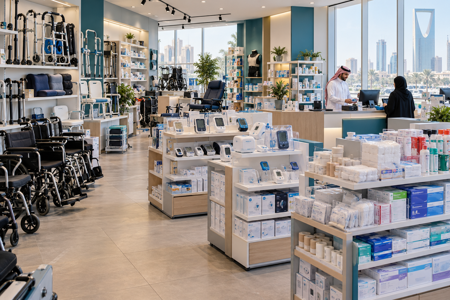 Medical supplies showroom with mobility aids, diagnostic devices and consumables