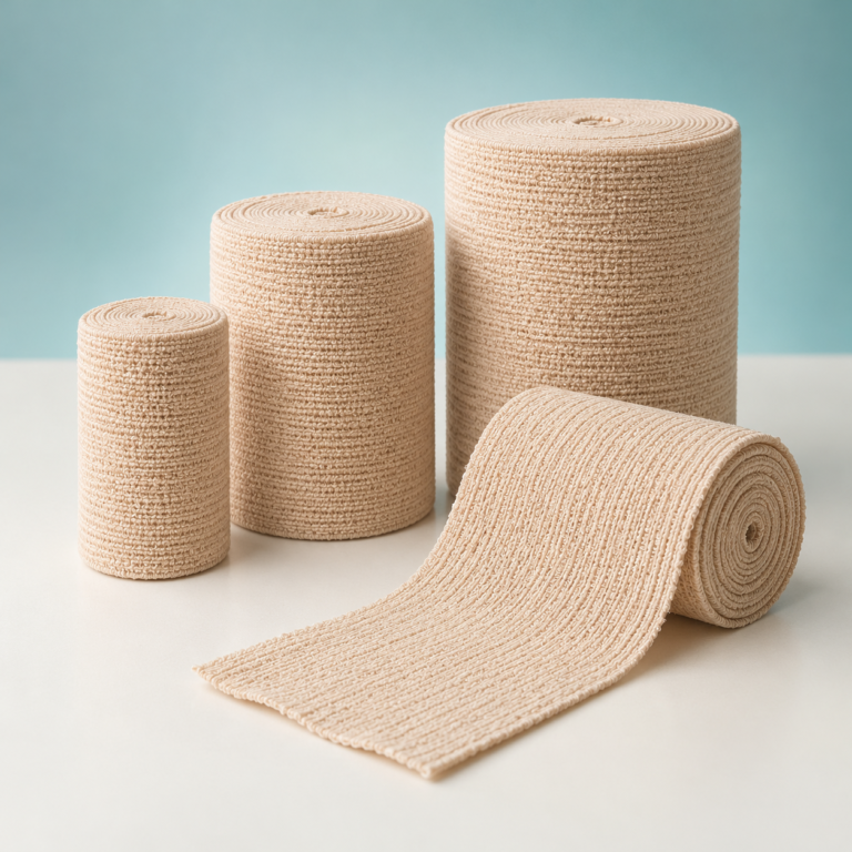 صورة توضيحية لرباط كريب مرن بعروض مختلفة بلا علامة تجارية | Illustrative crepe bandage rolls